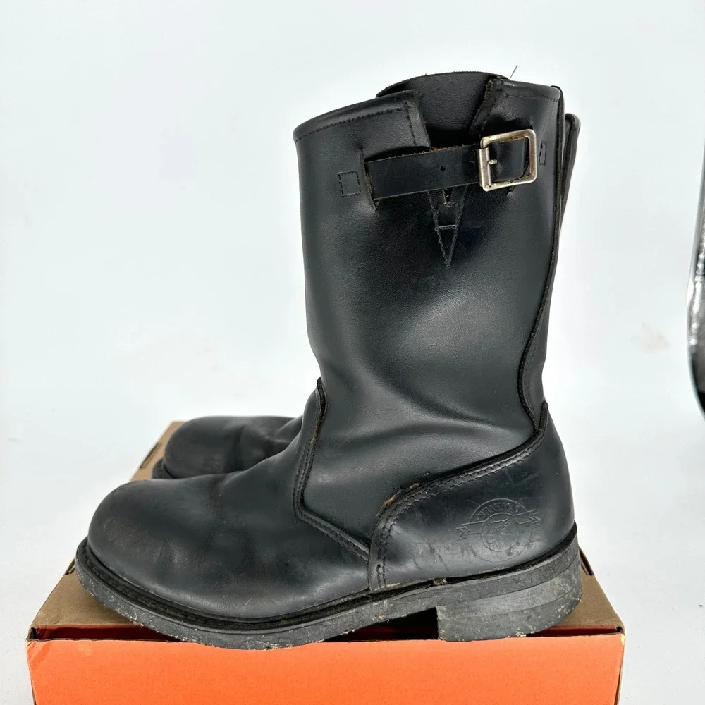 Vintage Brahma Steel Toe Engineer Black Leather Boots USA Corded Sole Men's 8.5